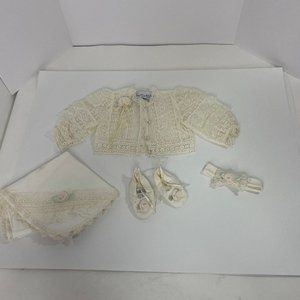 Vintage Baby Girl’s Fancy Cardigan, Booties, Headband, Blanket, Cream, lace, Bea